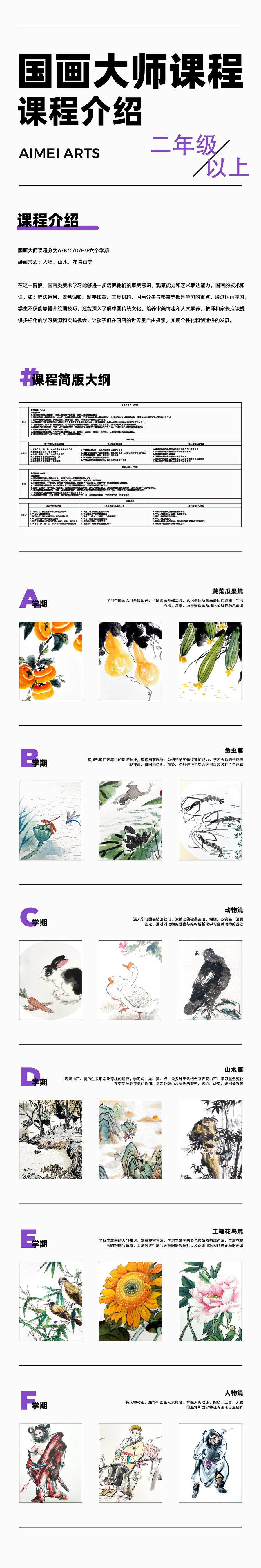 国画大师课程介绍海报 — 含课程大纲与各学期学生作品