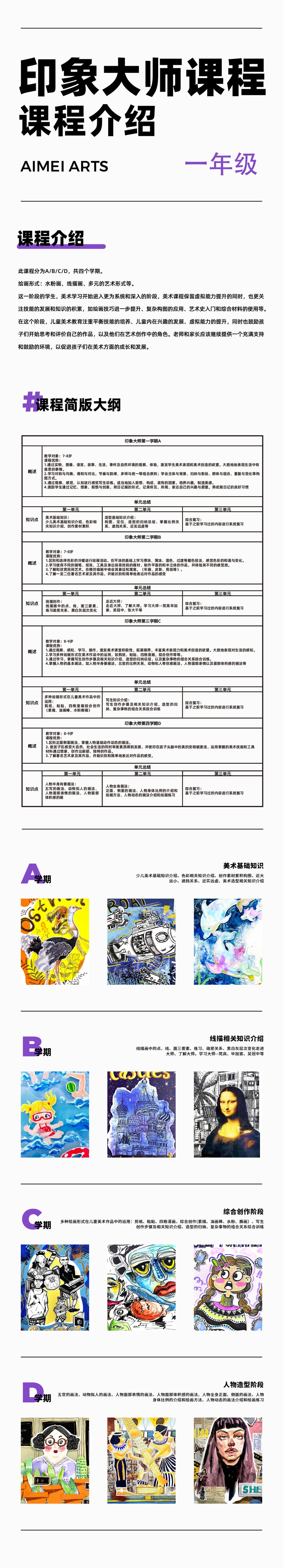 印象大师课程介绍海报 — 含课程大纲与各学期学生作品